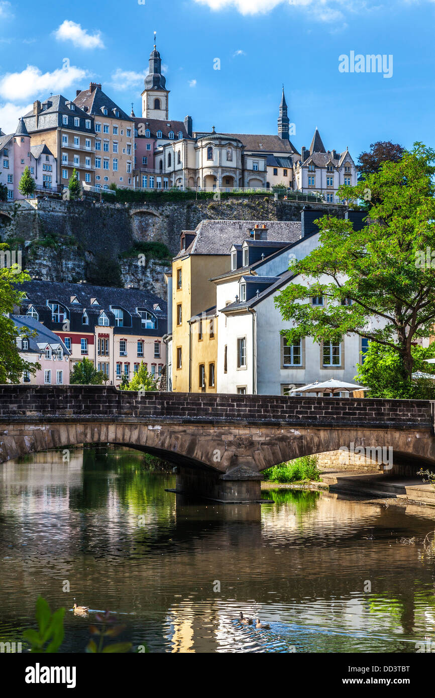 View towards the medieval Ville Haute from the River Alzette in the Grund district of Luxembourg City. Stock Photo