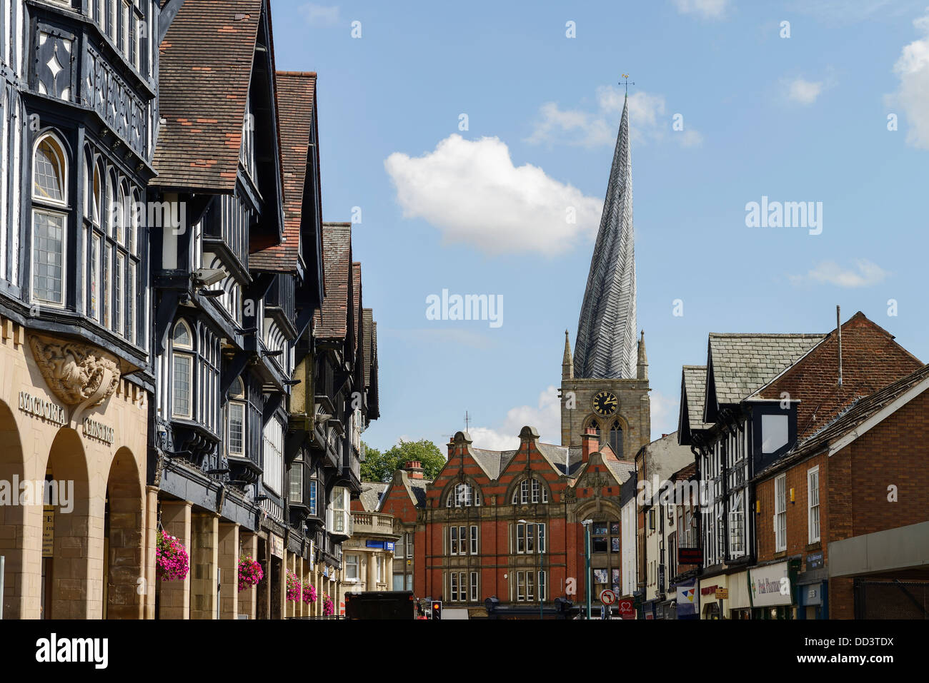 Chesterfield town centre buildings and the crooked spire of St Marys's Church Stock Photo