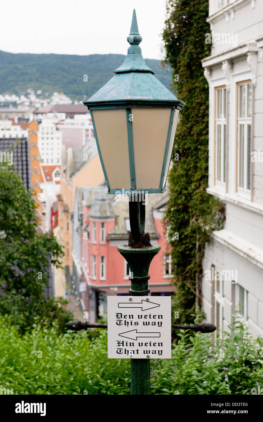 Directional Sign With Arrows Posted On A Light Post; Bergen, Norway Stock Photo