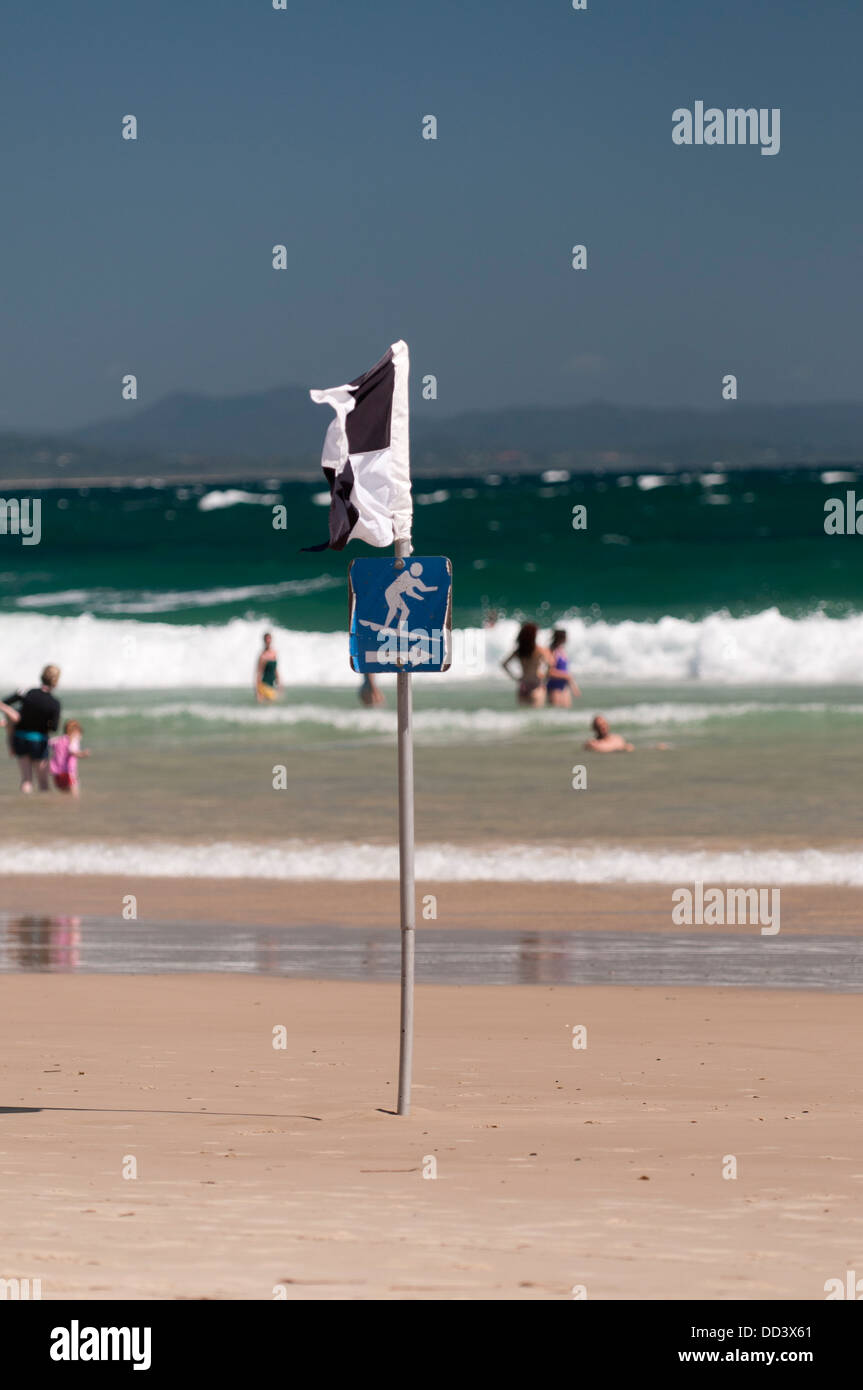 Flags and signs designating where it is safe to swim or surf on Byron