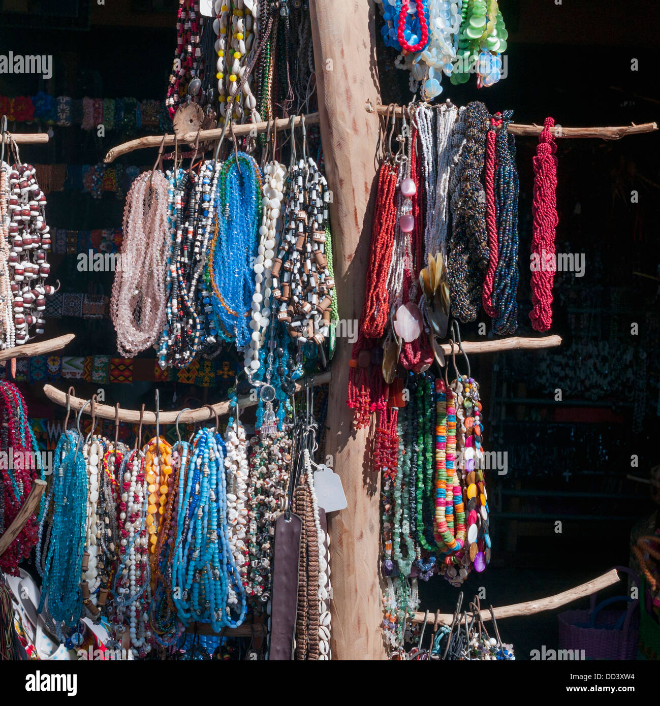 Colourful Jewelry Hanging On Display; Sayulita, Mexico Stock Photo
