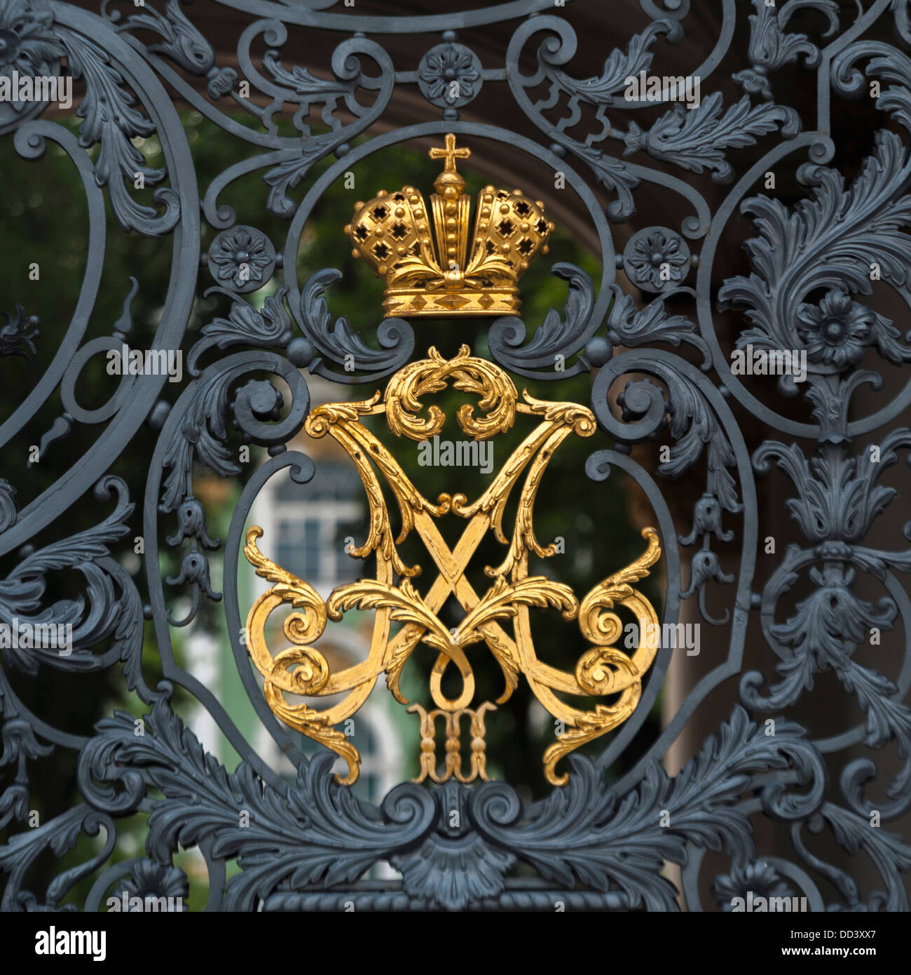 Gold Crown And Black Metal Design On The Gate To Winter Palace; St. Petersburg, Russia Stock Photo