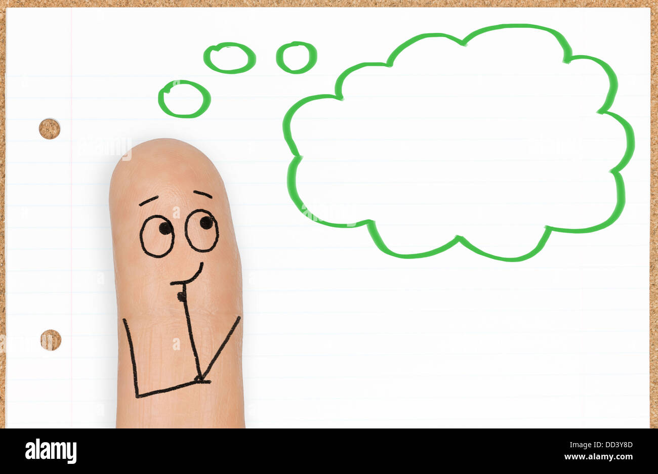 Cute Happy Finger Face Person with Thinking Cloud Stock Photo