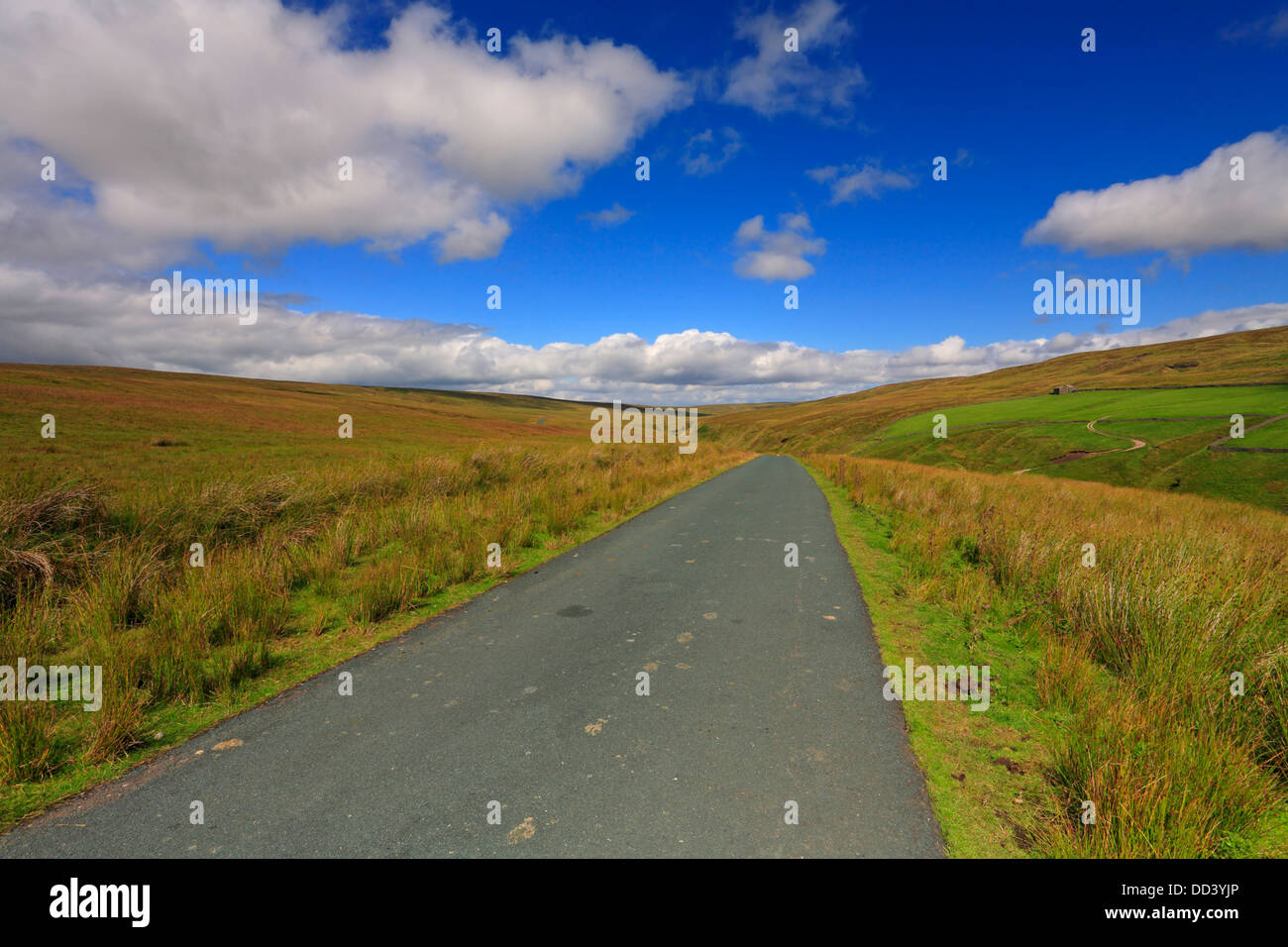 Moorland road through Stonesdale Moor, Upper Swaledale, North Yorkshire, Yorkshire Dales National Park, England, UK. Stock Photo