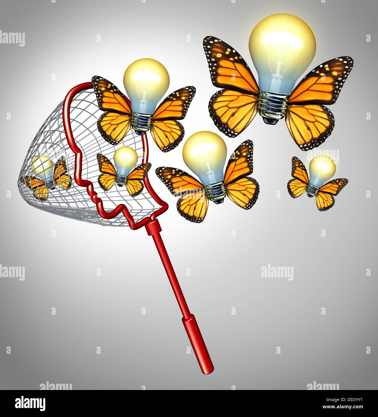 Gather ideas creativity concept with a butterfly net shaped as a human head collecting inovative solutions as a group of flying Stock Photo