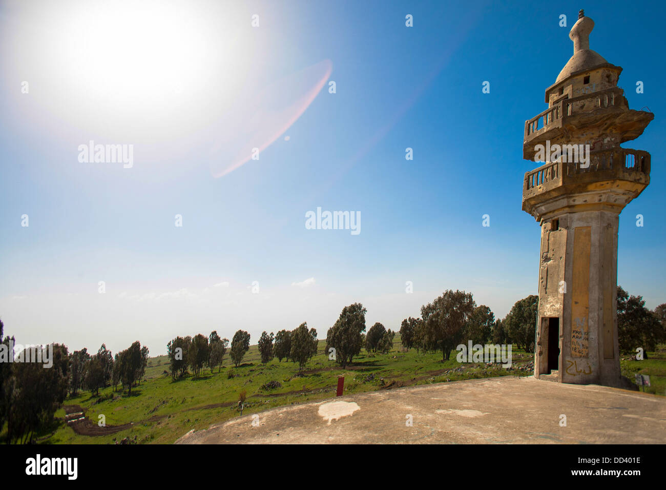 Israel, Golan Heights, Minaret of a Deserted Syrian mosque abandoned during the Six Day War of 1967 Stock Photo