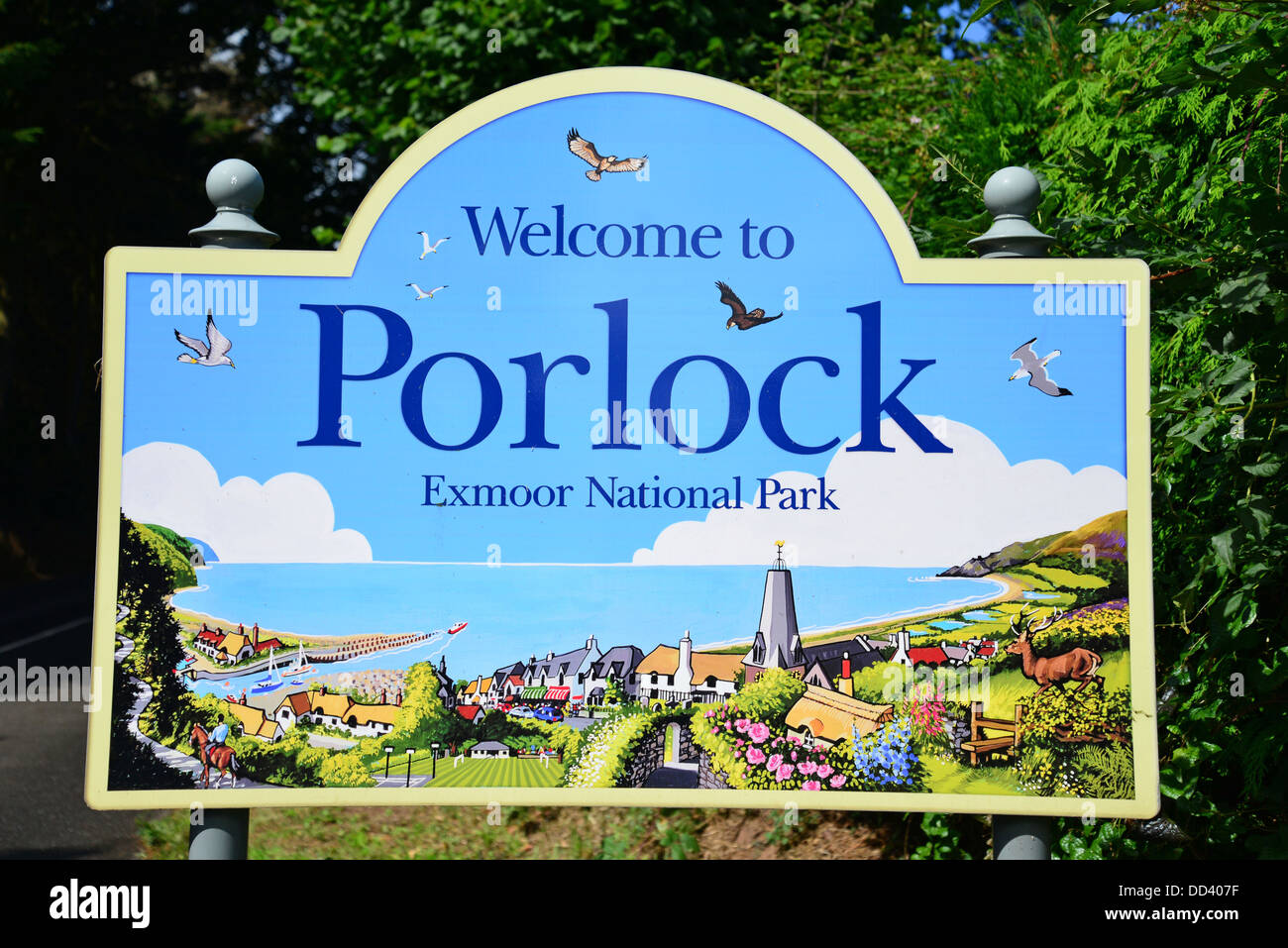 'Welcome to Portlock' sign, Porlock, Exmoor National Park, Somerset, England, United Kingdom Stock Photo