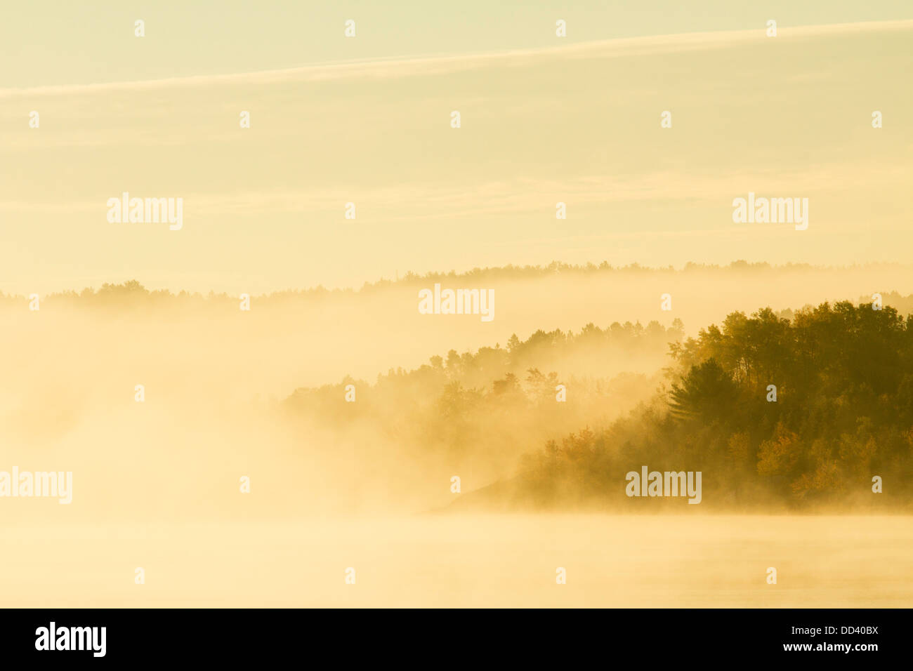 A foggy autumn morning along the Vermilion River, Whitefish, City of Greater Sudbury, Ontario, Canada. Stock Photo