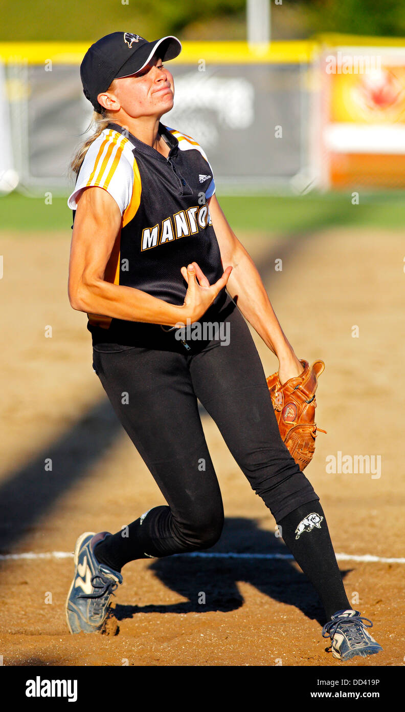 Manitoba pitcher Regan Lawrence in women's softball at the Canada Games August 5, 2013 in Sherbrooke, Canada. Stock Photo