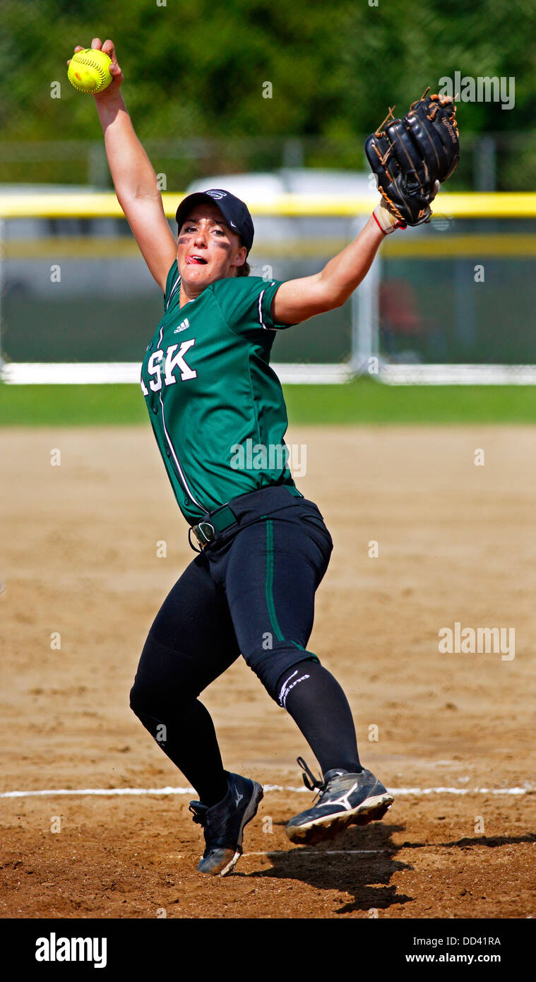 Saskatchewan pitcher Haley Volk in women's softball at the Canada Games August 7, 2013 in Sherbrooke, Canada. Stock Photo