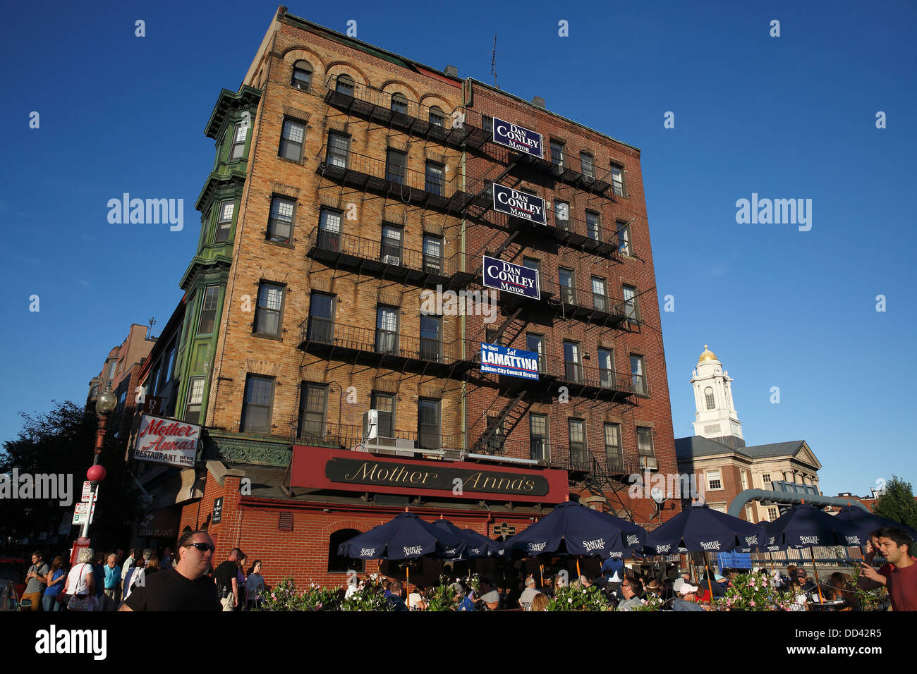 Outdoor restaurant terrace in the North End, Boston, Massachusetts