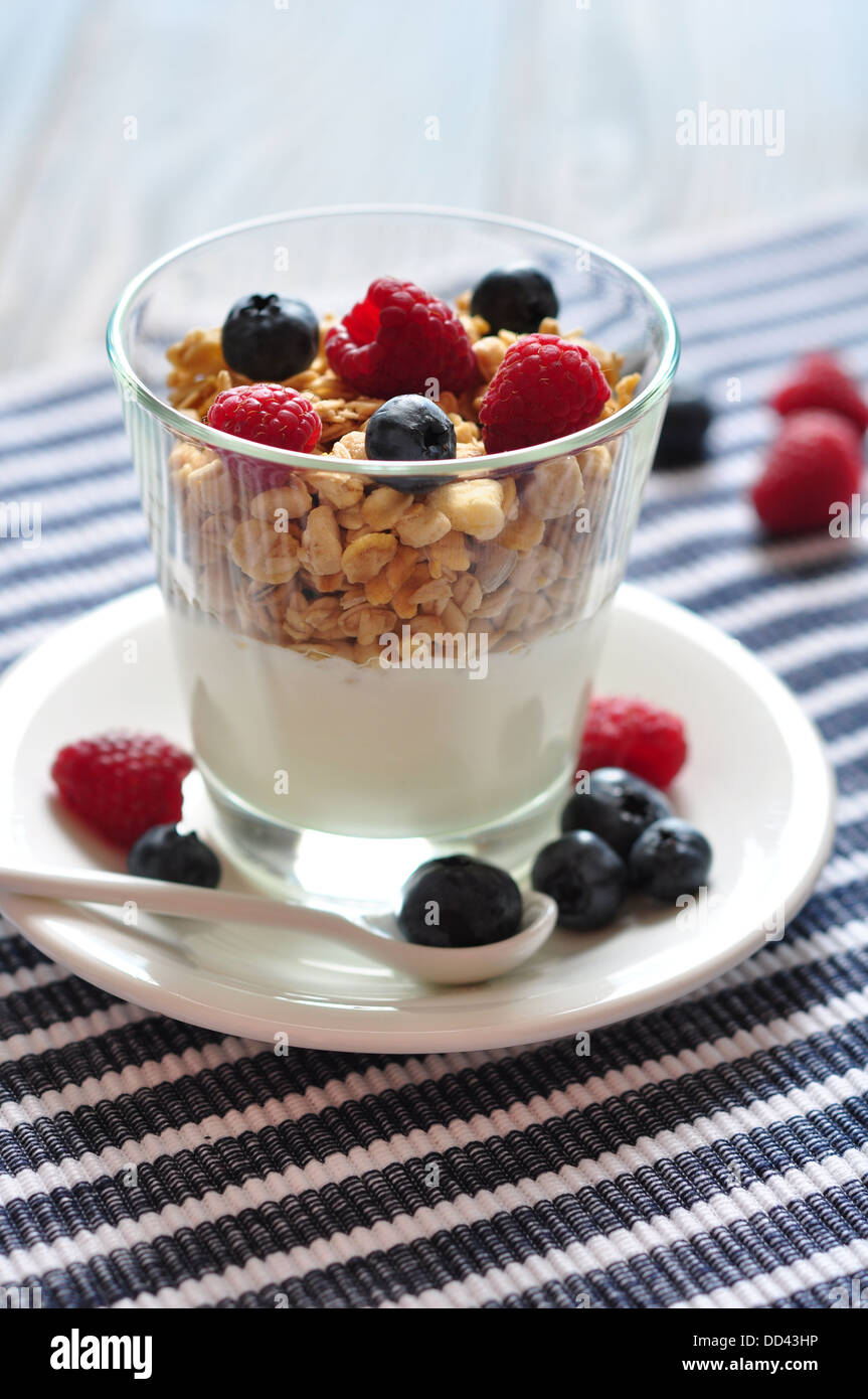 Natural yogurt with berries and muesli closeup Stock Photo