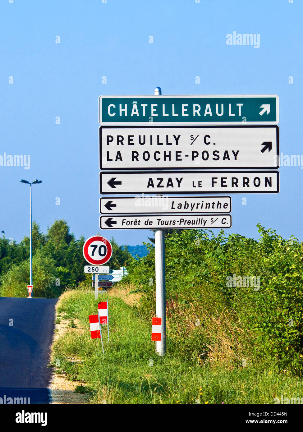 Modern French road junction direction sign. Stock Photo