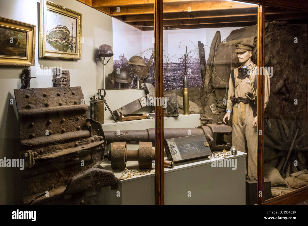 First World War One weapons and diorama of British tank commander at the Hooge Crater Museum, Zillebeke, West Flanders, Belgium Stock Photo
