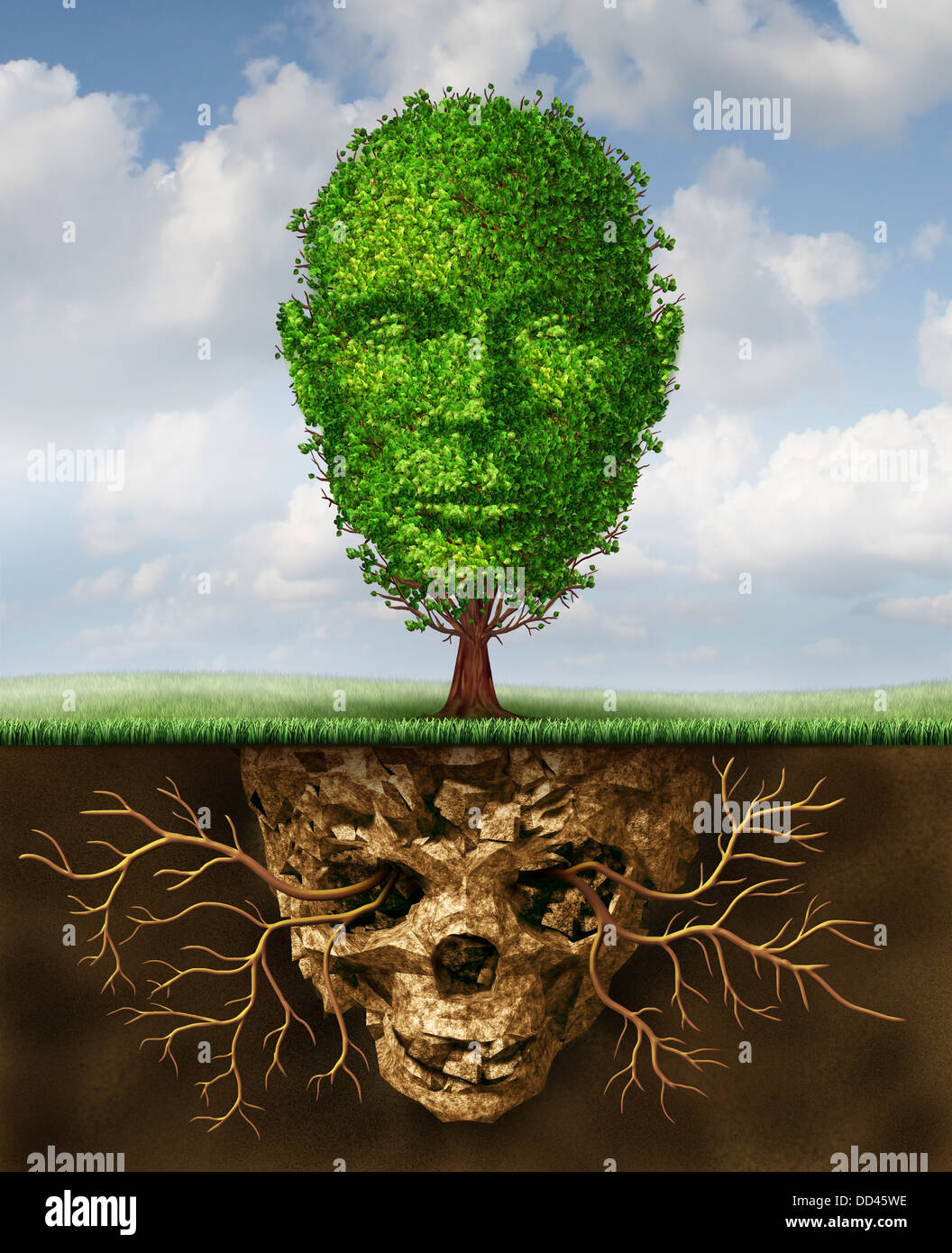 Rebirth and renewal lifestyle concept as a symbol of second chances and personal growth and revival from a crisis as a tree shaped as a human head growing out of toxic soil shaped as a death skull. Stock Photo