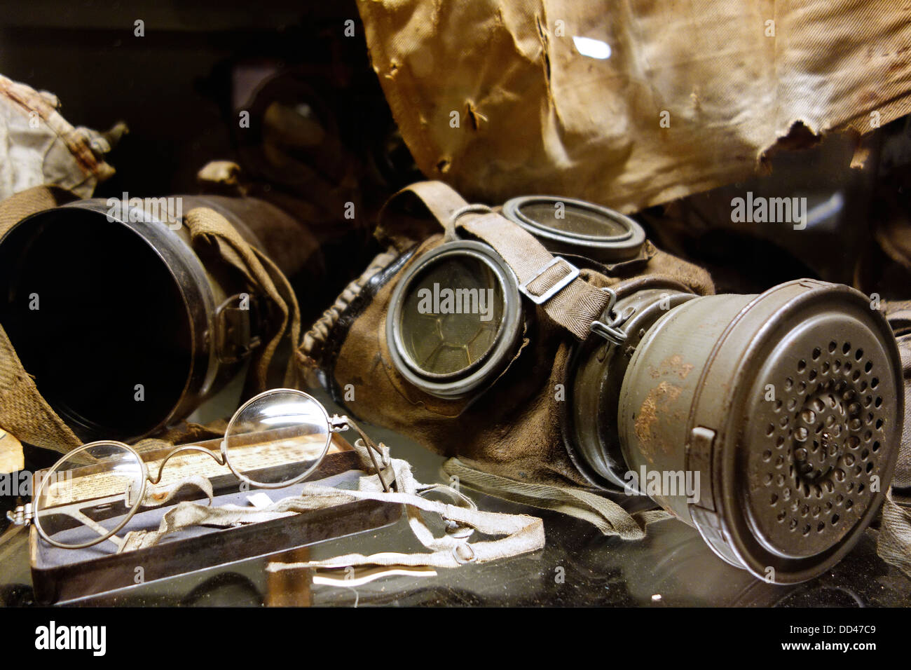 WWI gas mask in the First World War One Hooge Crater Museum at Zillebeke, Belgium Stock Photo