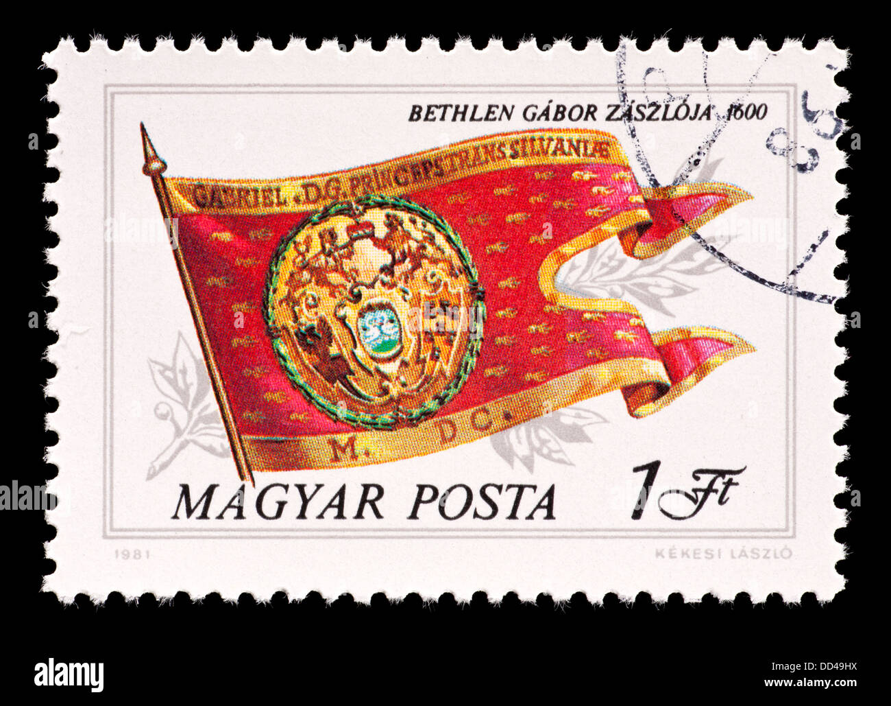 Postage stamp from Hungary depicting the flag of the house Gabor Bethlen. Stock Photo
