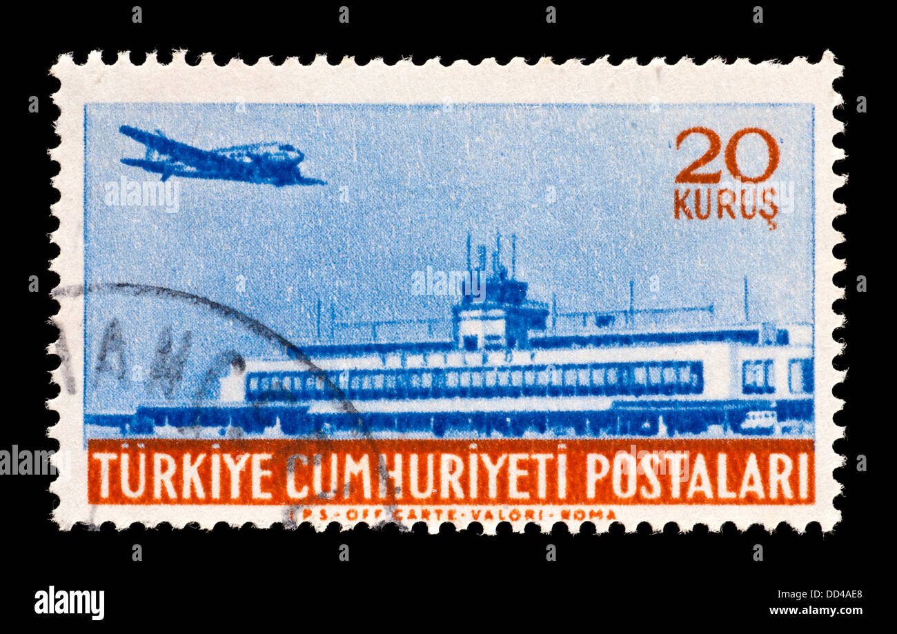 Postage stamp from Turkey depicting an airplane and Yesilkoy airport