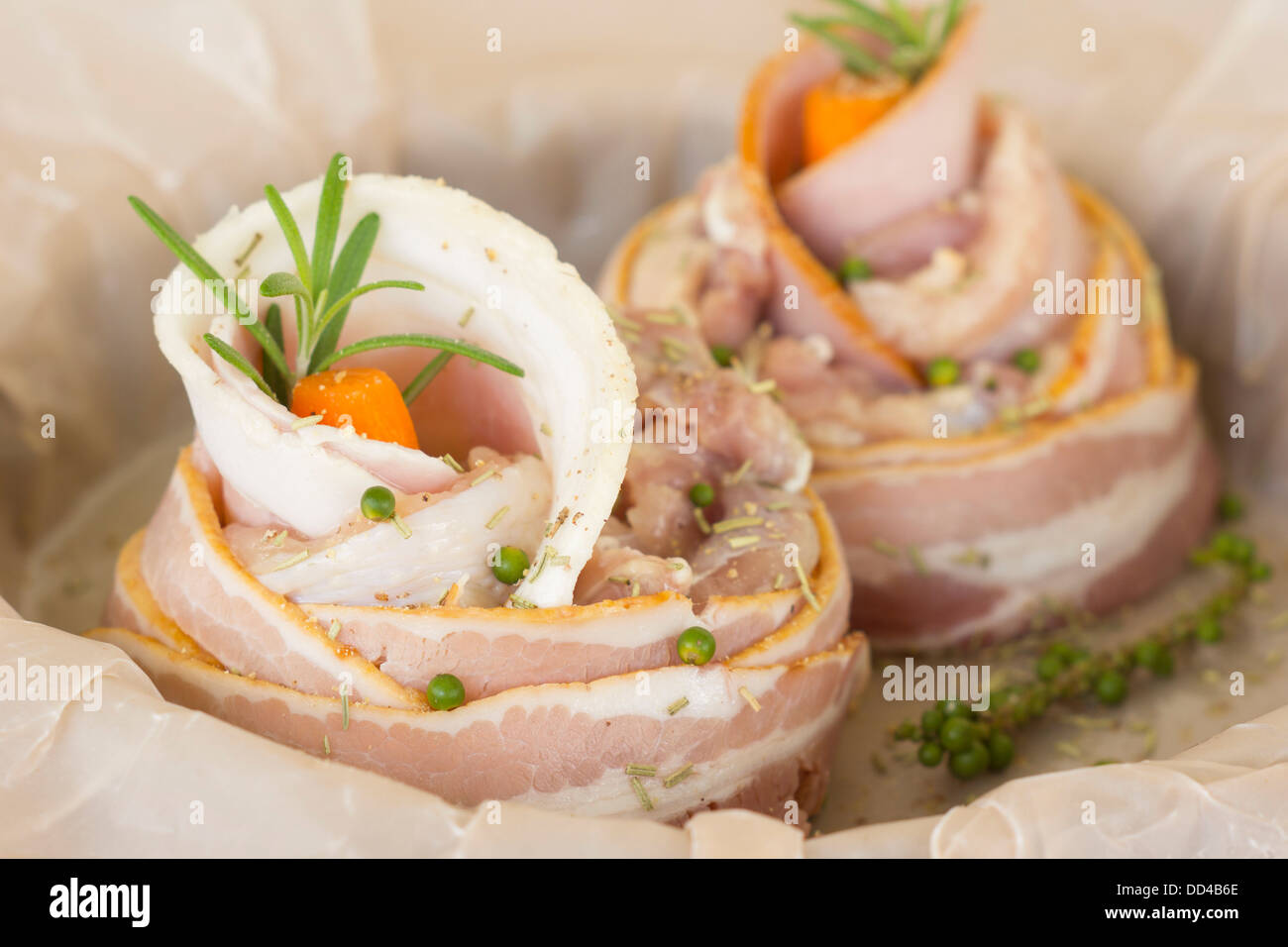Boneless Chicken Wrapped in Bacon n Ham Stock Photo