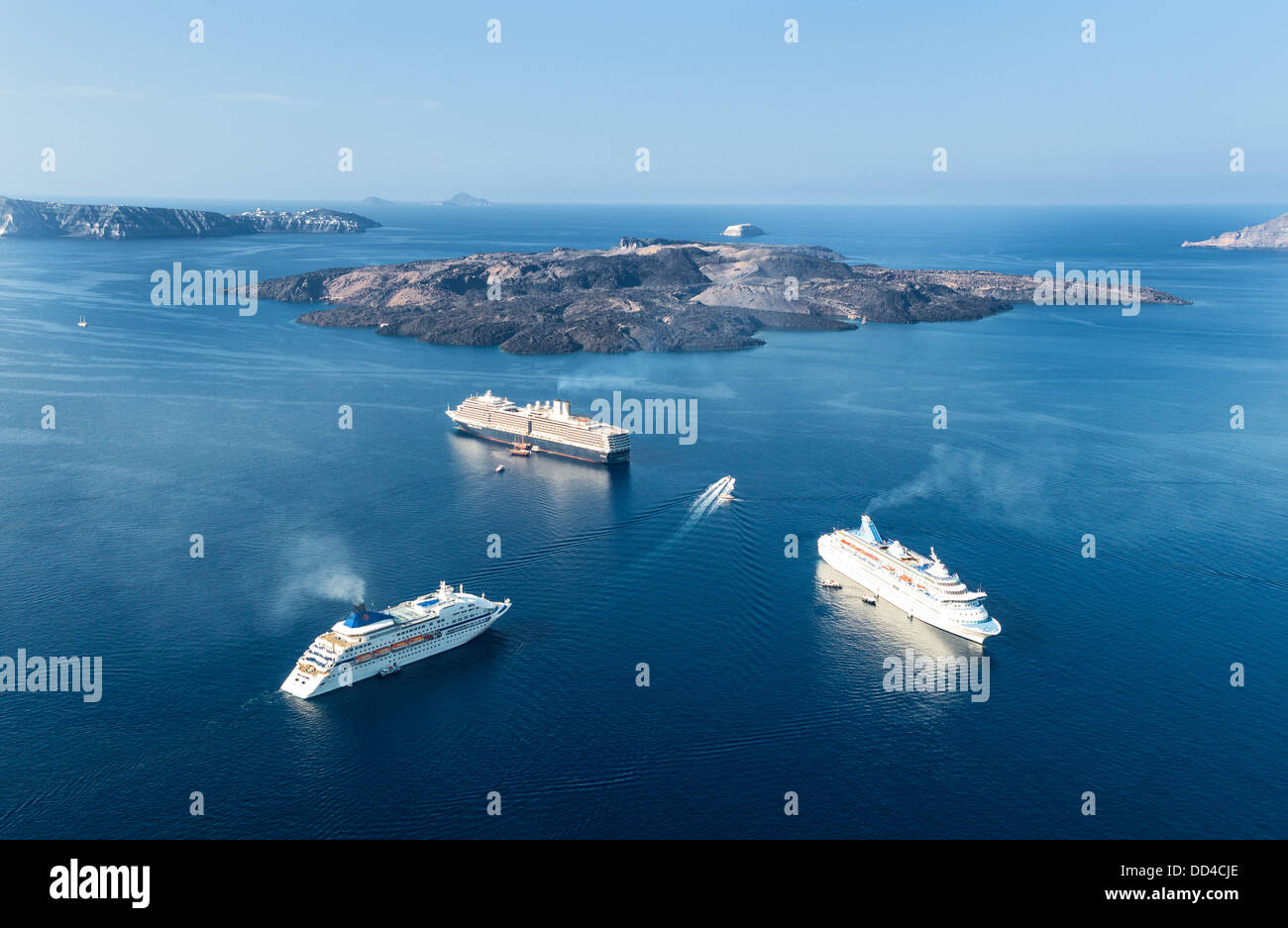 Greece, Santorini, cruise ship in the Caldera sea area seen from the Fira village Stock Photo