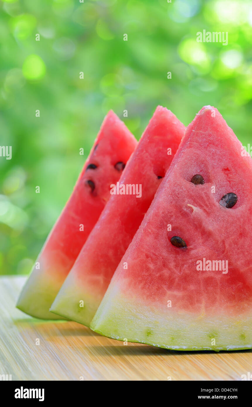 Sliced watermelon on a plate in nature Stock Photo