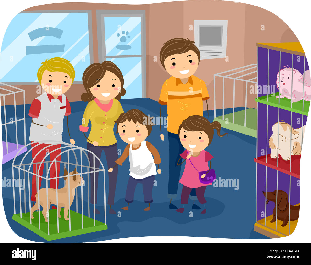 Illustration of Stickman Family Buying a Dog From a Pet Store Stock Photo