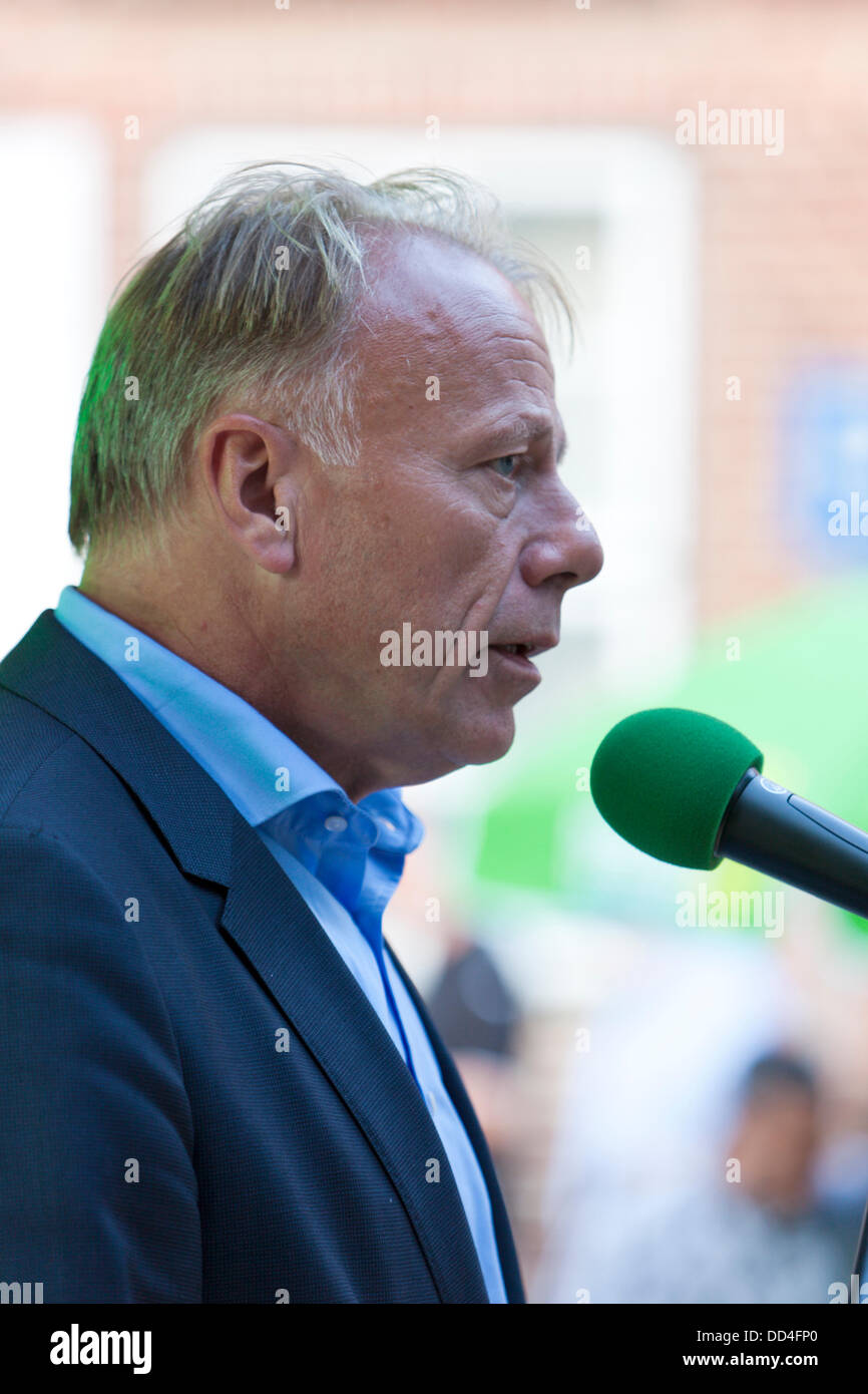 Lüneburg - Germany, August 24th, 2013: Jürgen Trittin, prime candidate of Bündnis 90/Die Grünen and former Federal Minister for the Environment, Nature Conservation and Nuclear Safety speaking at a pre-election party. Stock Photo