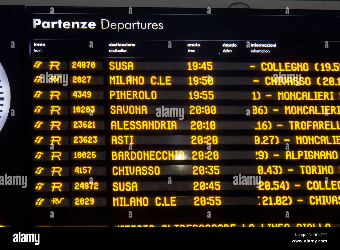 Departure board at Florence railway station. Stock Photo