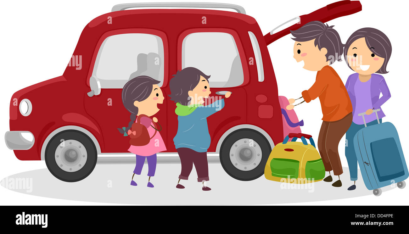 Illustration of Stickman Family Placing Traveling Bags in Car Stock