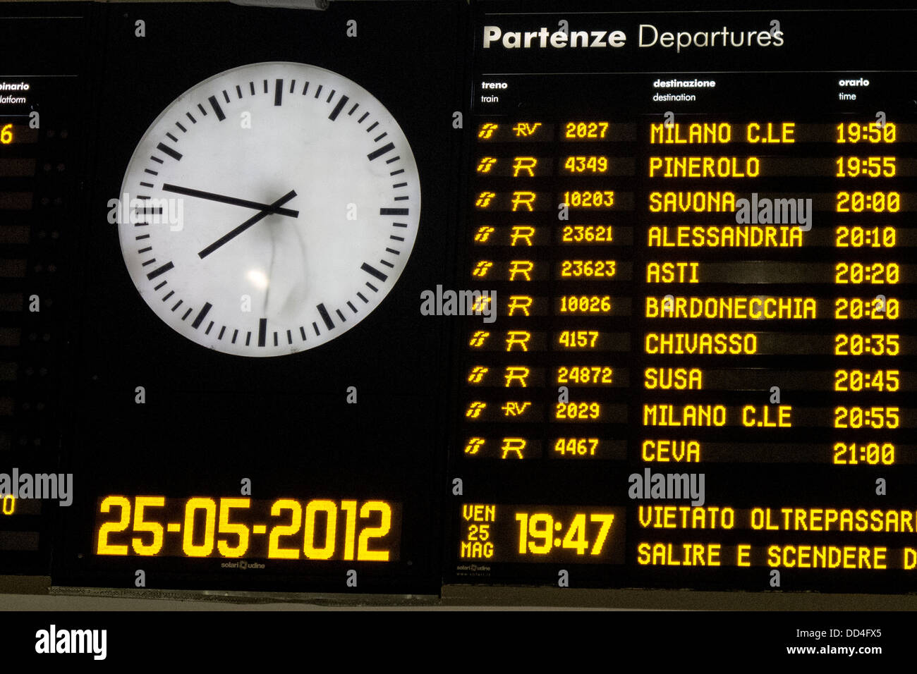 The departure board at Florence railway station. Stock Photo