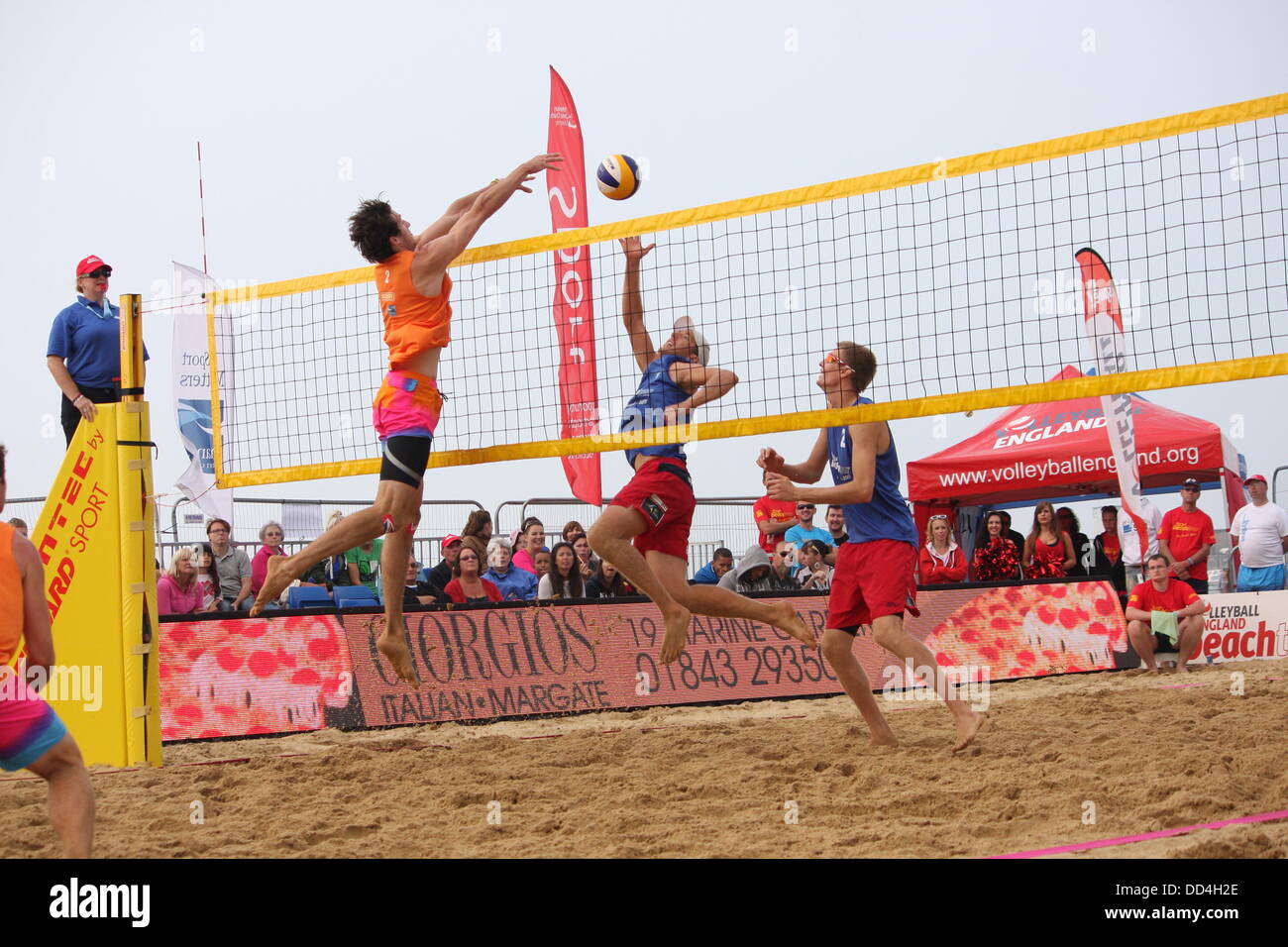 Margate, UK. 25th Aug, 2013. Jack Sheaf/Chris Gregory v Tom Lord/Phil Smith in the Final of the Volleyball England Beach Tour 2013  at Margate Main Sands, Margate, Kent, England Credit:  Grant Burton/Alamy Live News Stock Photo