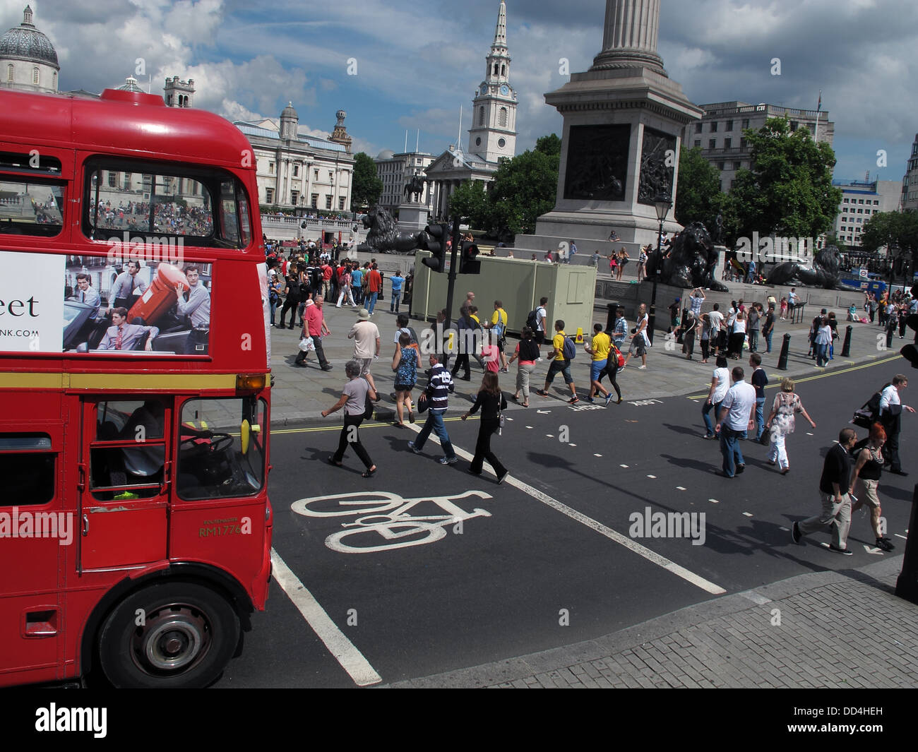 Red London Double Decker bus, at Trafalgar Square, Central London, South East England, UK Stock Photo