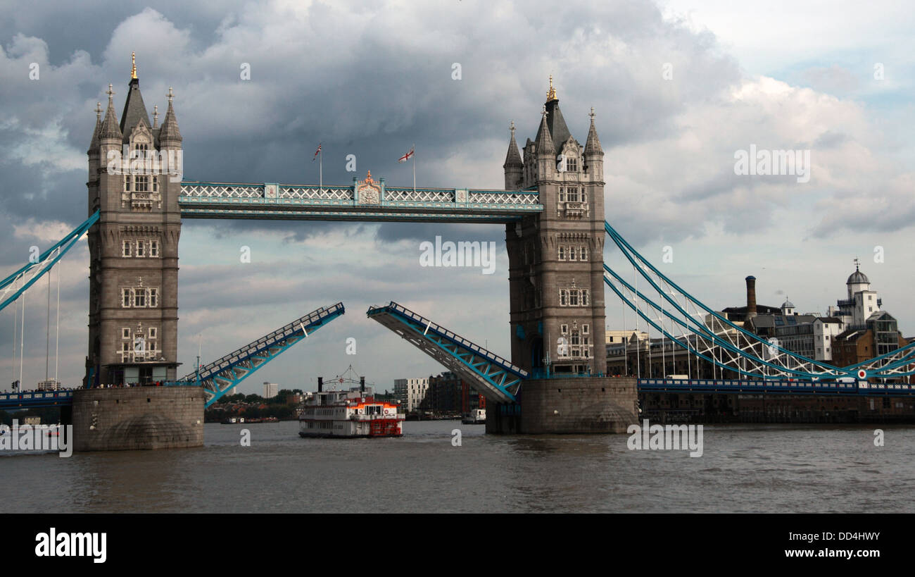 Historic Tower Bridge opens on the Thames, London, England, UK Stock Photo