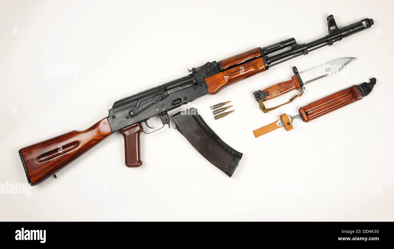 The Russian AK74 assault rifle and bayonet. The AK74 is an upgrade of the original AK47 7.62mm assault rifle to 5.45×39mm ammo Stock Photo