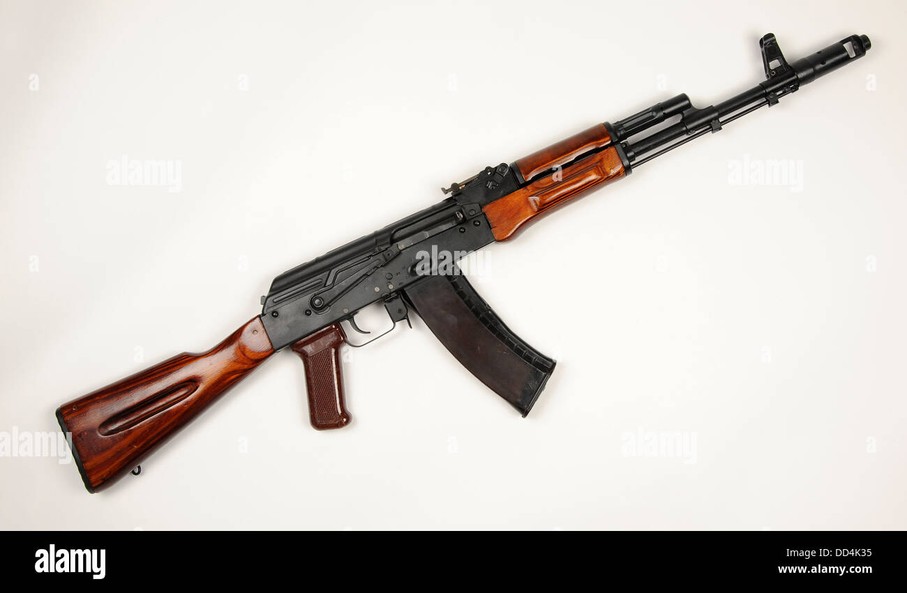 The Russian AK74 assault rifle. The AK74 is an upgrade of the original AK47 7.62mm assault rifle to 5.45×39mm ammo Stock Photo