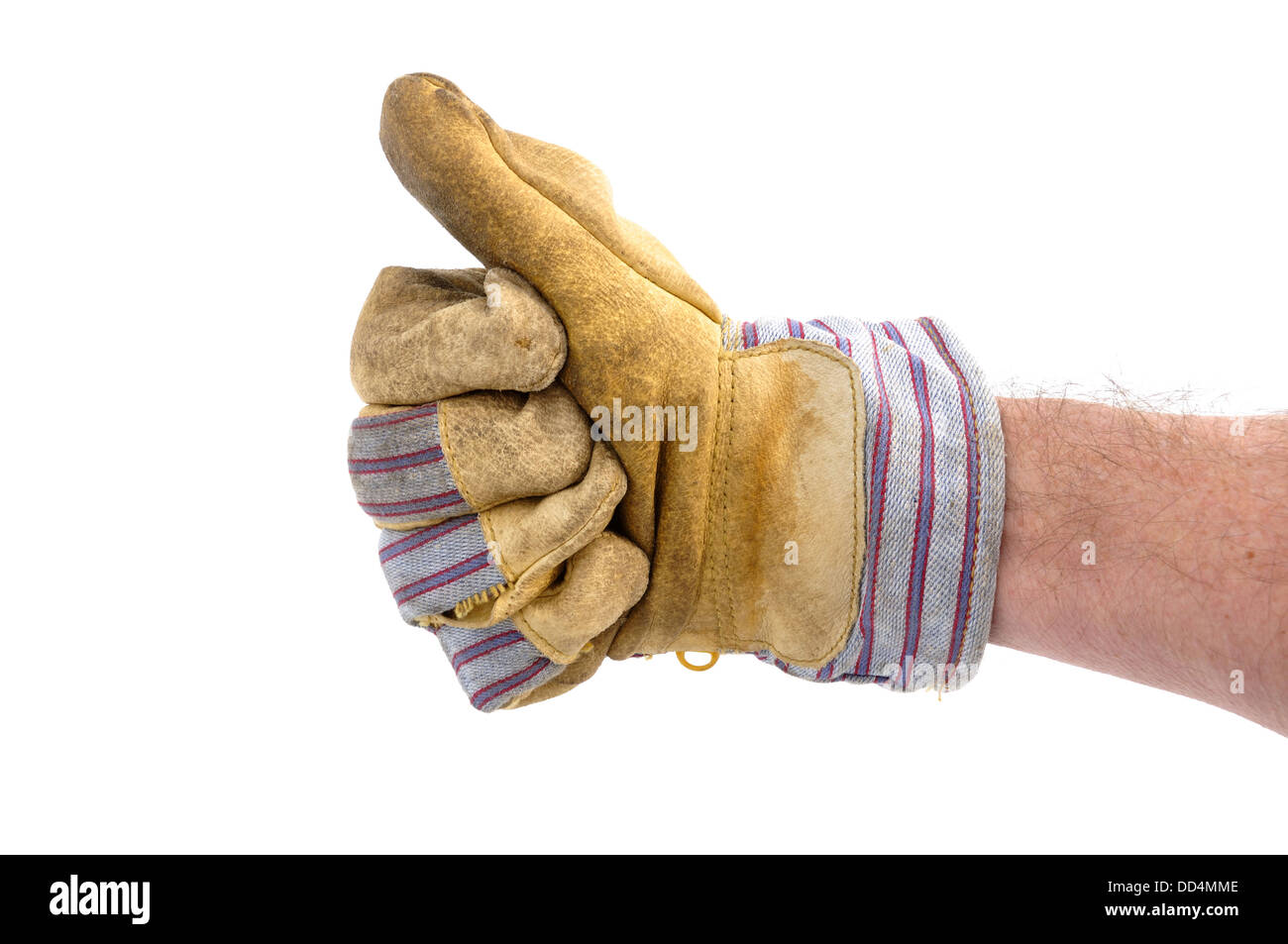 Worker Wearing Leather Work Glove Giving the OK Thumbs Up sign gesture Stock Photo