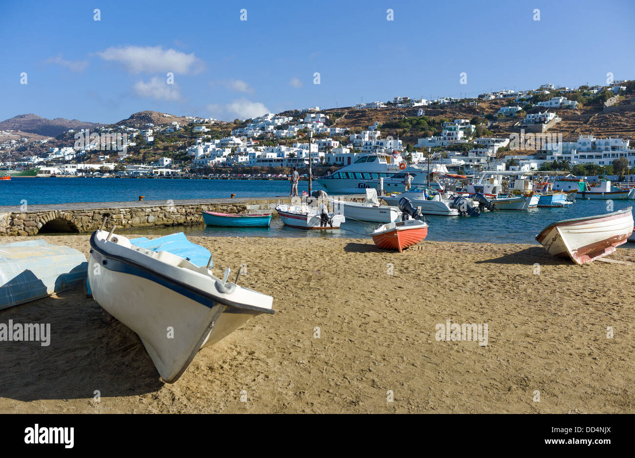 Greece, Mykonos, Chora, boats in the harbor Stock Photo