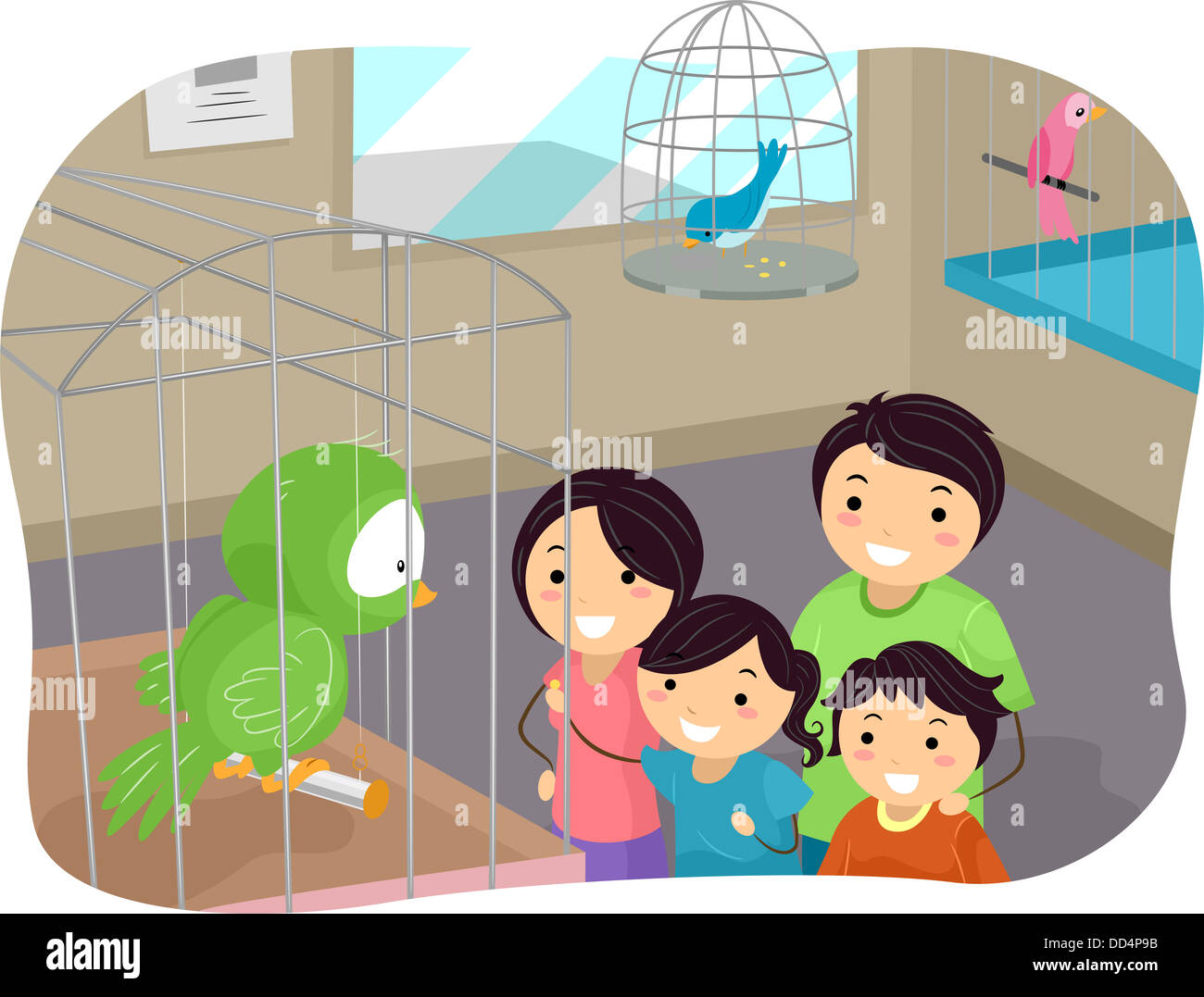Illustration of Stickman Family Buying a Bird From a Pet Store Stock