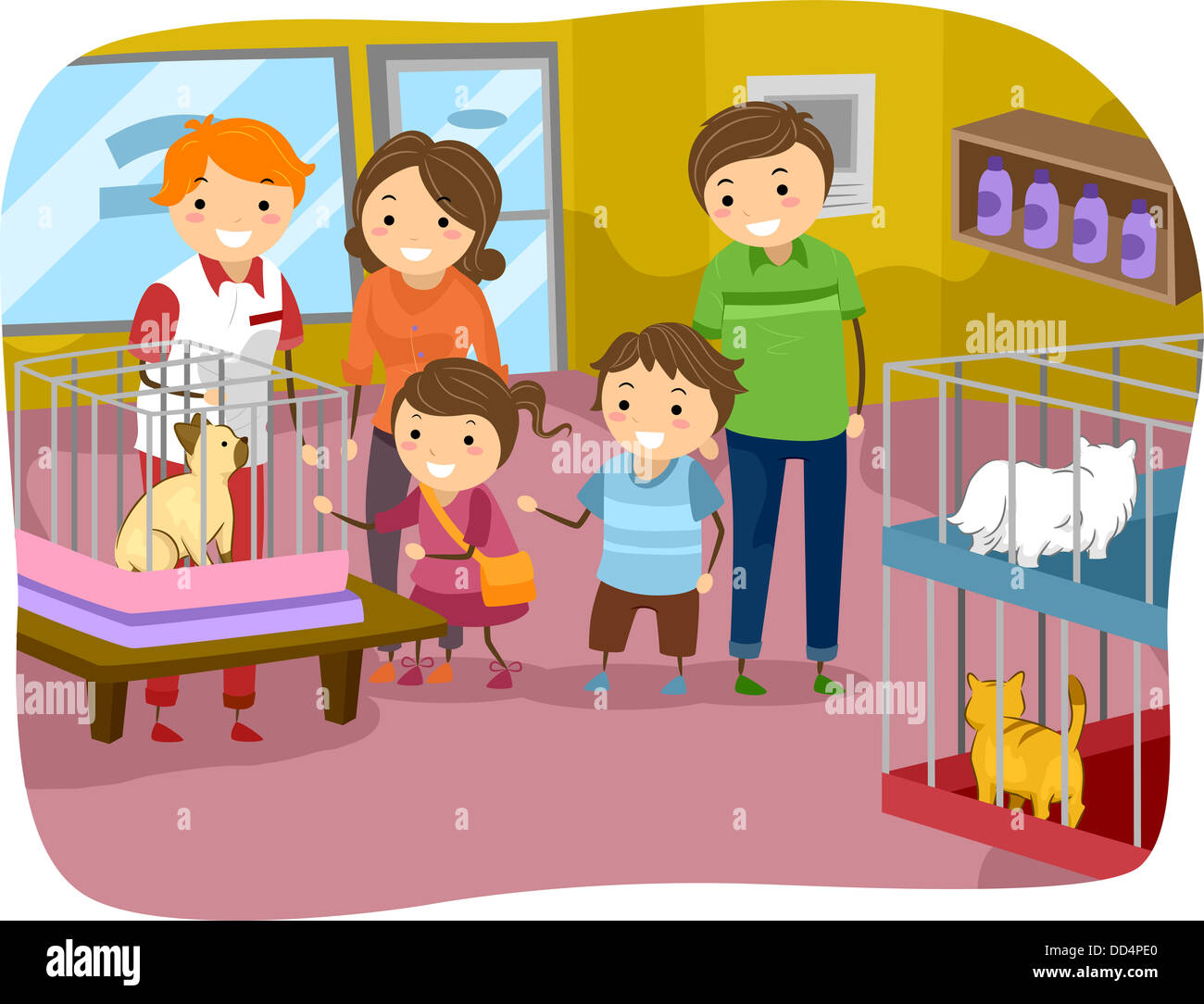 Illustration of Stickman Family Buying a Cat From a Pet Store Stock Photo