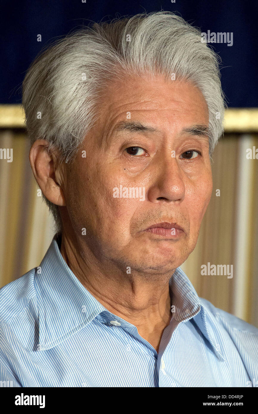 Tokyo, Japan -  Taichi Masakiyo, Representative of the Anti-nuke Tent Plaza (the Defendant) speaks about the legal action from Ministry of Economy, Trade and Industry (METI) which demand 11 million yen (20,000 per day) for unauthorized usage of the space at The Foreign Correspondents' Club of Japan, August 26, 2013. Members of the citizen's anti-nuclear movement have occupied the front yard of METI since september 11, 2011. The METI took legal action against Taro Fuchigami and Hiroyuki Kawai at the Tokyo District Court, the first and second hearing was on May 23rd and  July 22nd, the third hea Stock Photo