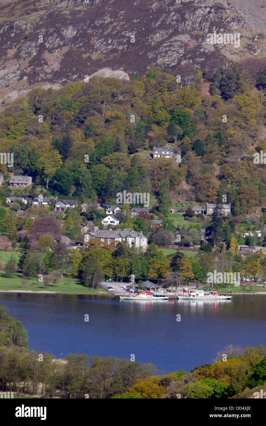 Glenridding village with steamer and jetty Ullswater, Lake District, Cumbria, England, UK Stock Photo