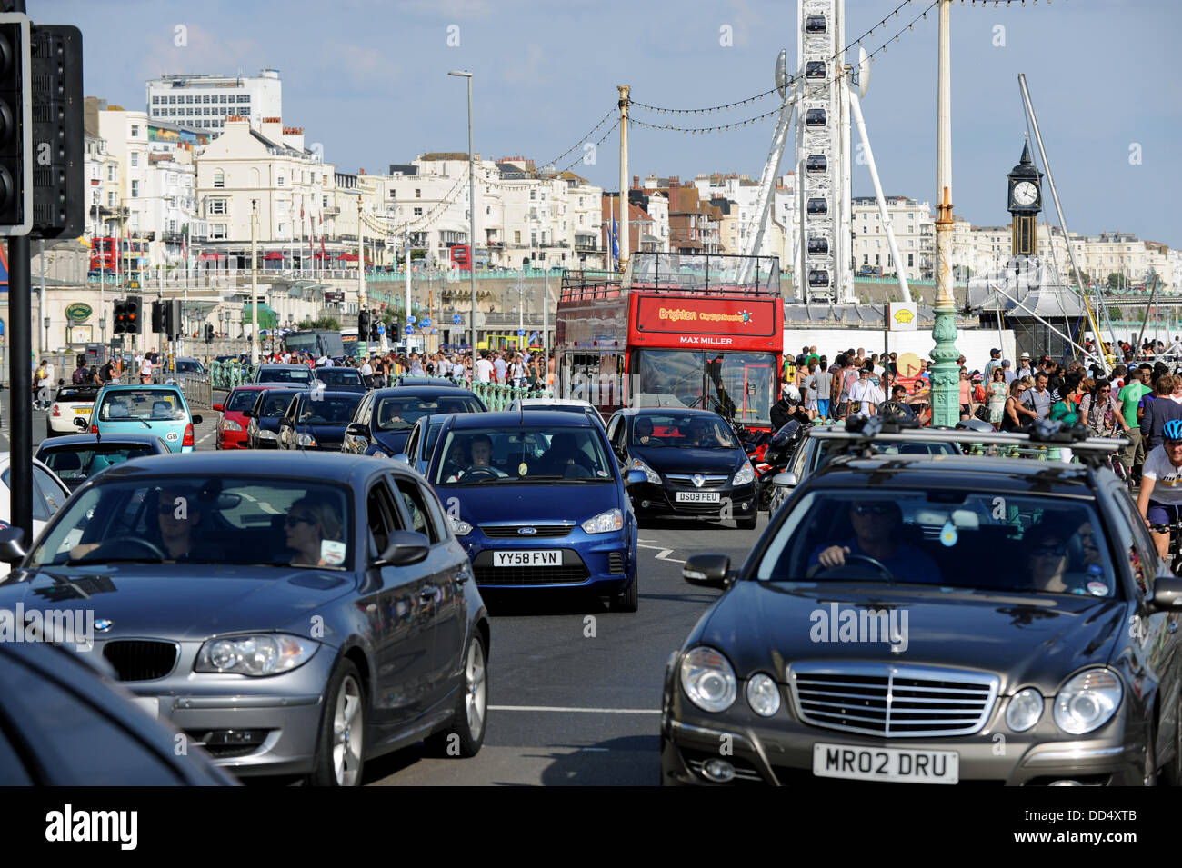 Traffic congestion along  Brighton seafront today as crowds enjoyed the hot August Bank Holiday weather Stock Photo