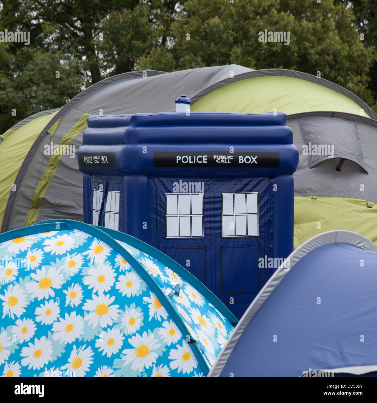 Dr Who's Tardis police box in the campsite of the Glastonbury Festival ,  Somerset, England, United Kingdom Stock Photo - Alamy