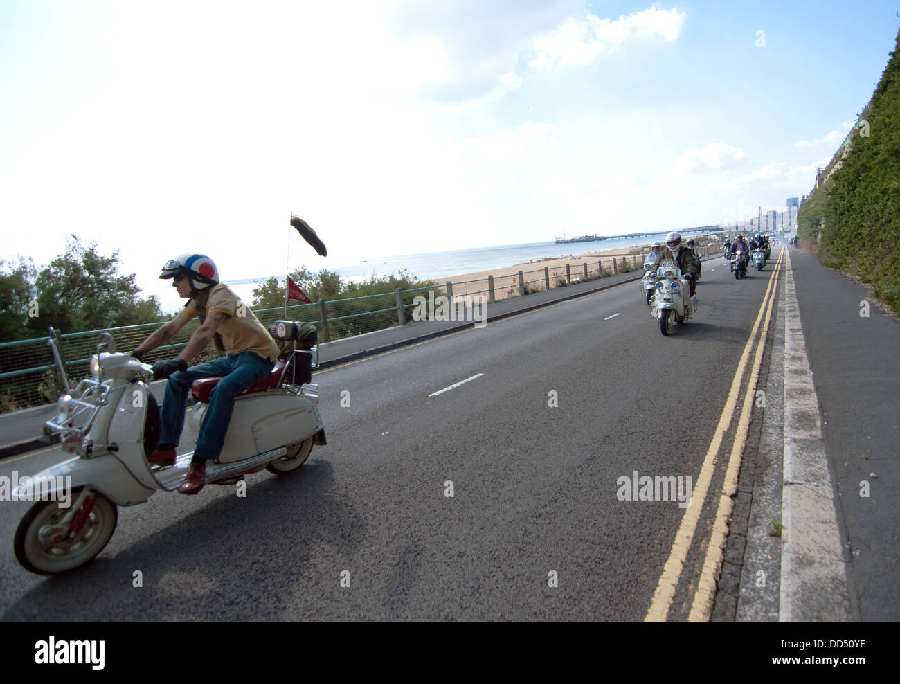 Hundreds of Mods ride out from Brighton to Beachy Head. Stock Photo