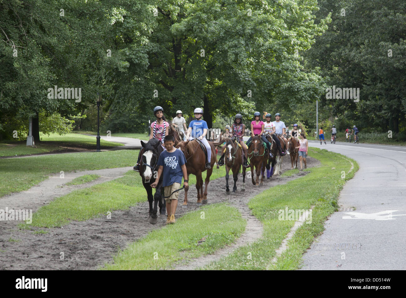 Group of teenage kids have a group horseback riding lesson in Prospect