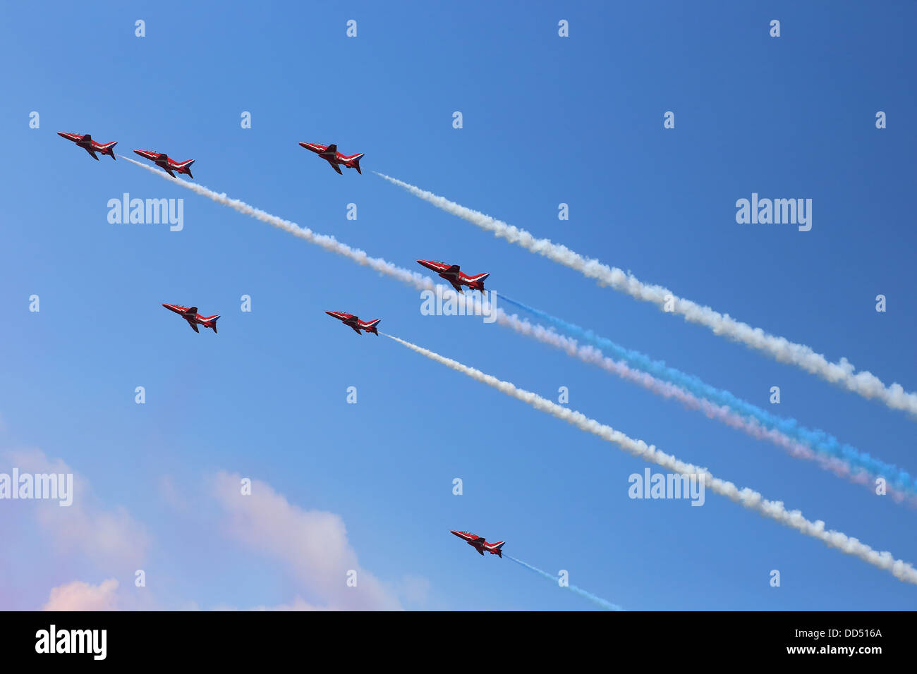 Red arrows at Wings and wheels Air show Dunsfold Airfield, Surrey, UK Stock Photo