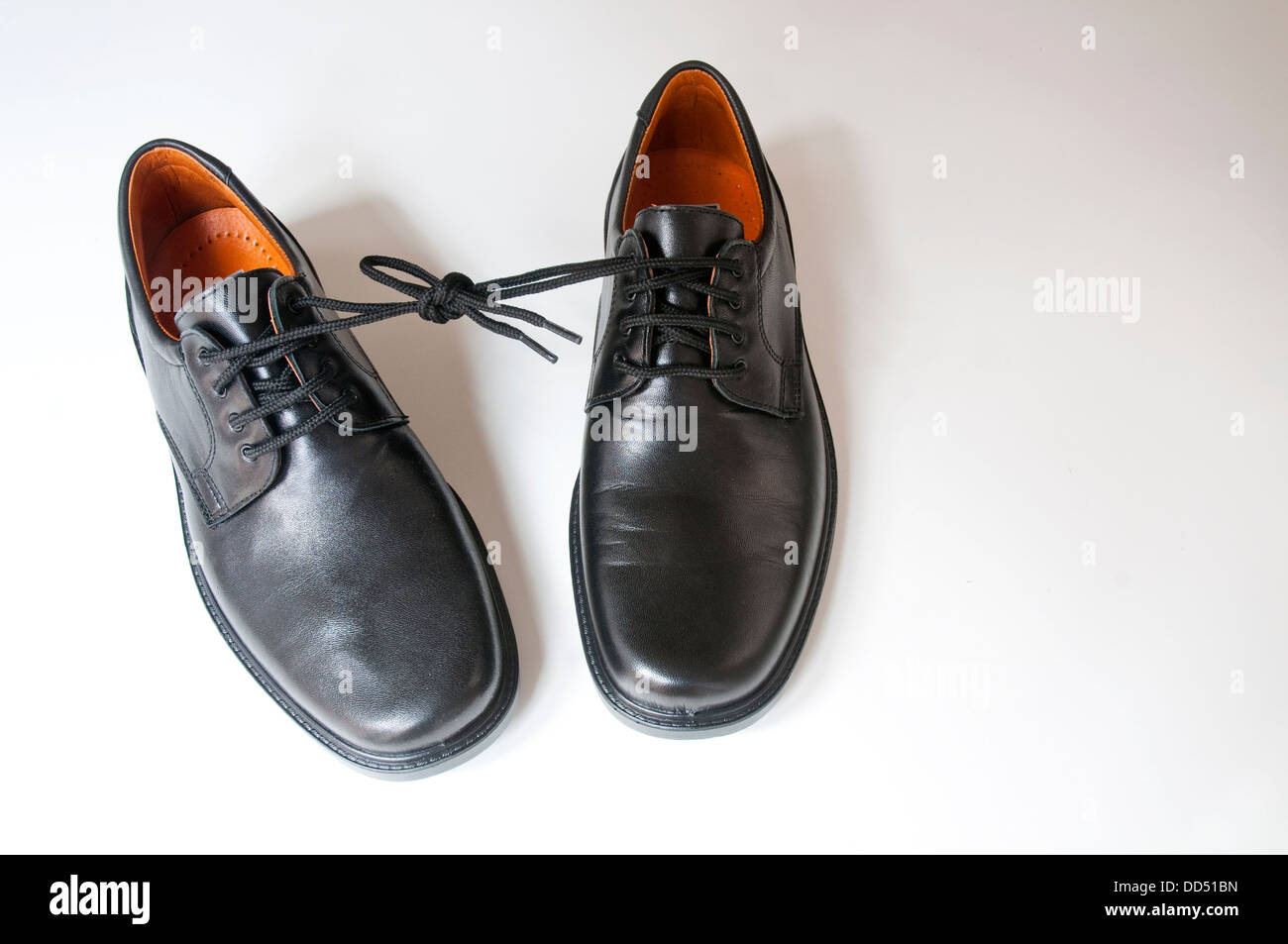 Pair of shoes with their laces tied each other. Stock Photo