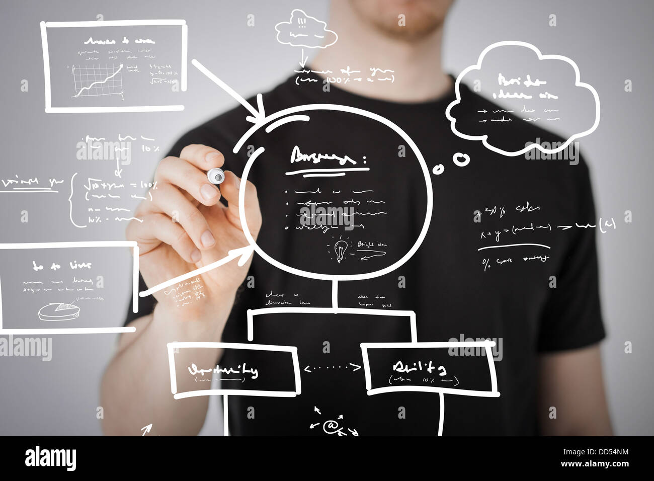 man drawing plan on the virtual screen Stock Photo