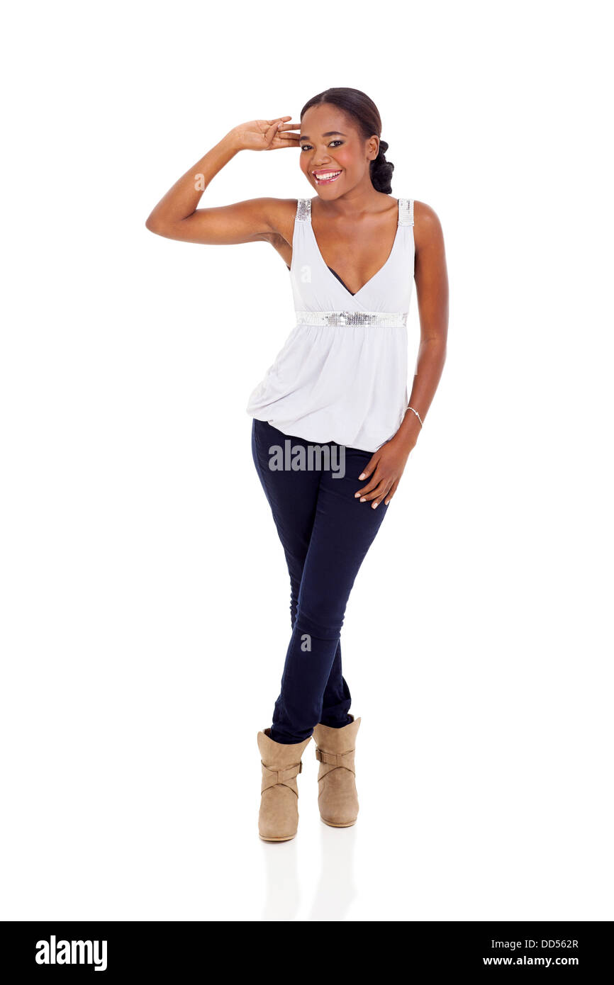 full length portrait of confident young African woman isolated on white ...