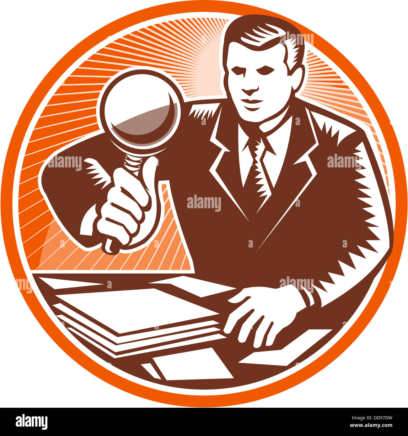 glass lens holding looking pile documents paper scrutiny inspection detective man male woodcut circle illustration artwork graph Stock Photo